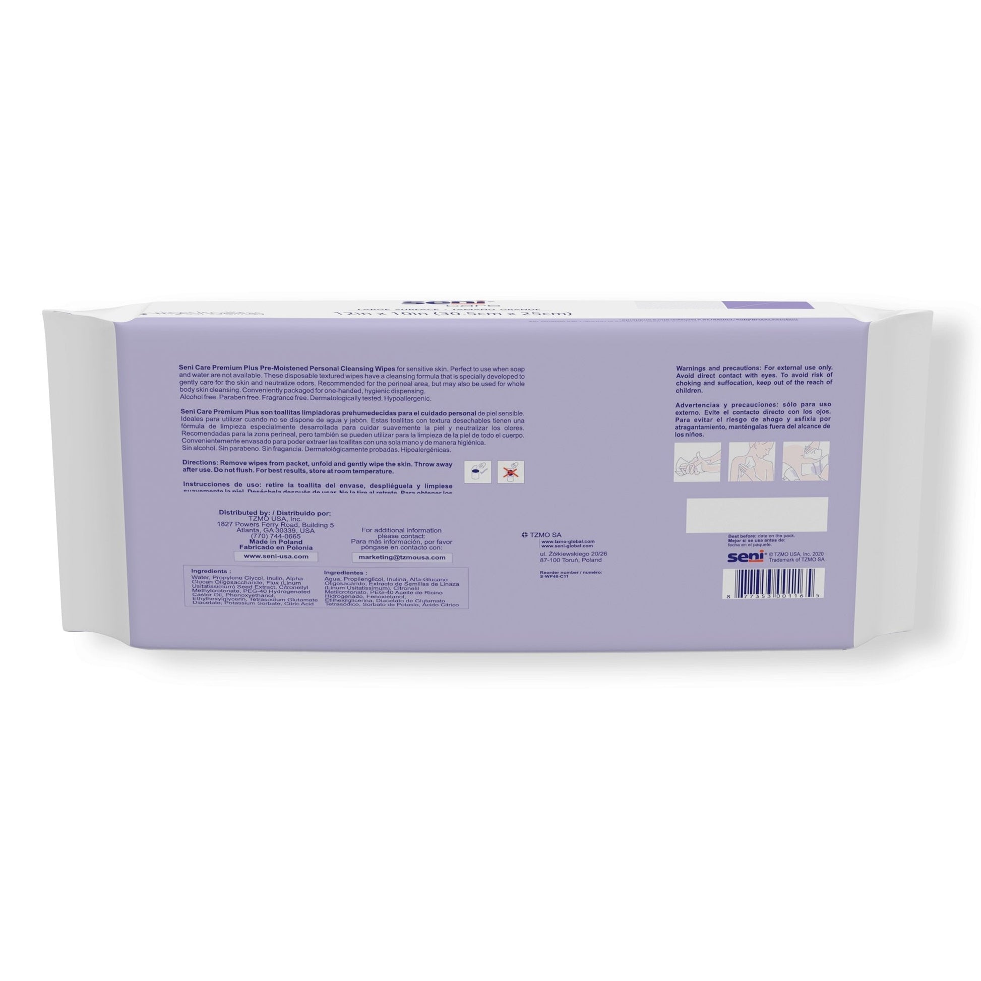 Premium Plus cleansing wipes back of pack, 48 wipes, 12 x 10 in size info