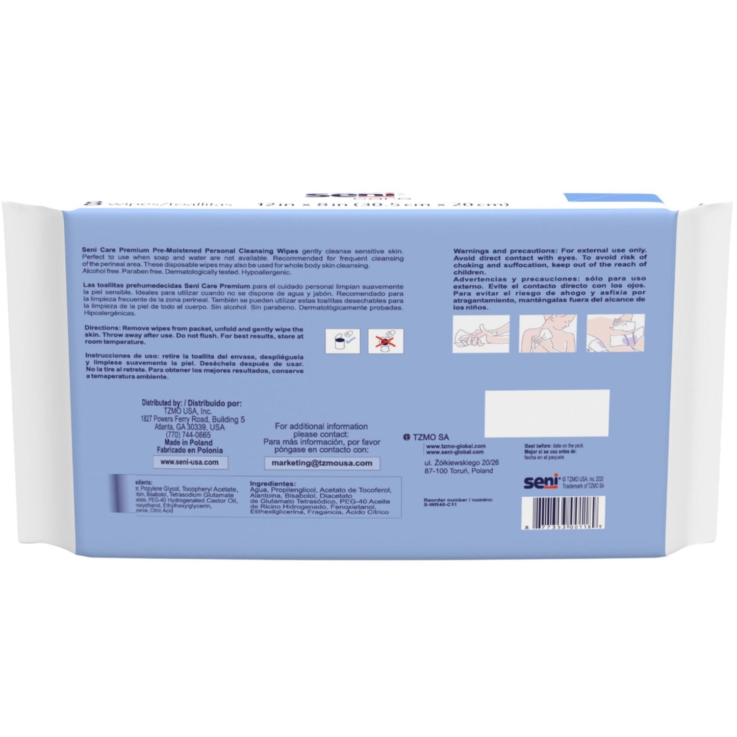 Premium cleansing wipes back panel with usage directions and warnings (48 wipes)