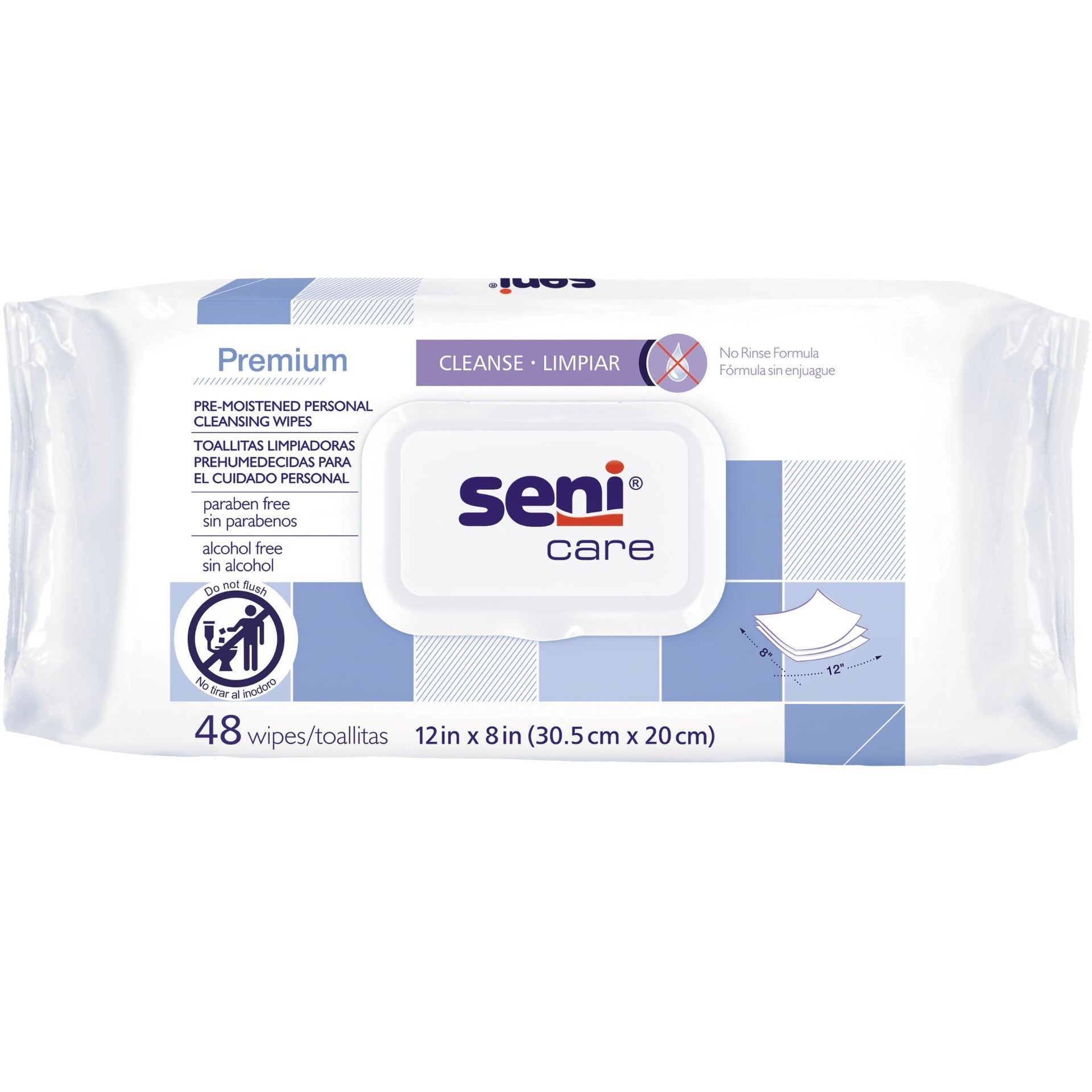 Seni Care Premium washcloth wipes, fragrance-free, 12 x 8 in, 48-count pack