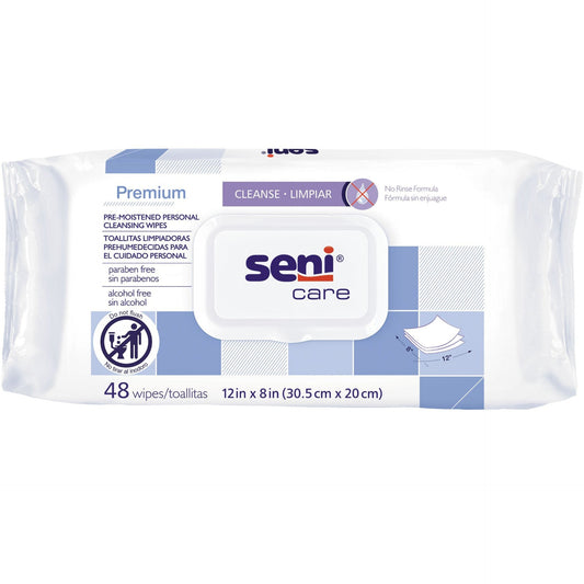 Seni Care Premium washcloth wipes, fragrance-free, 12 x 8 in, 48-count pack