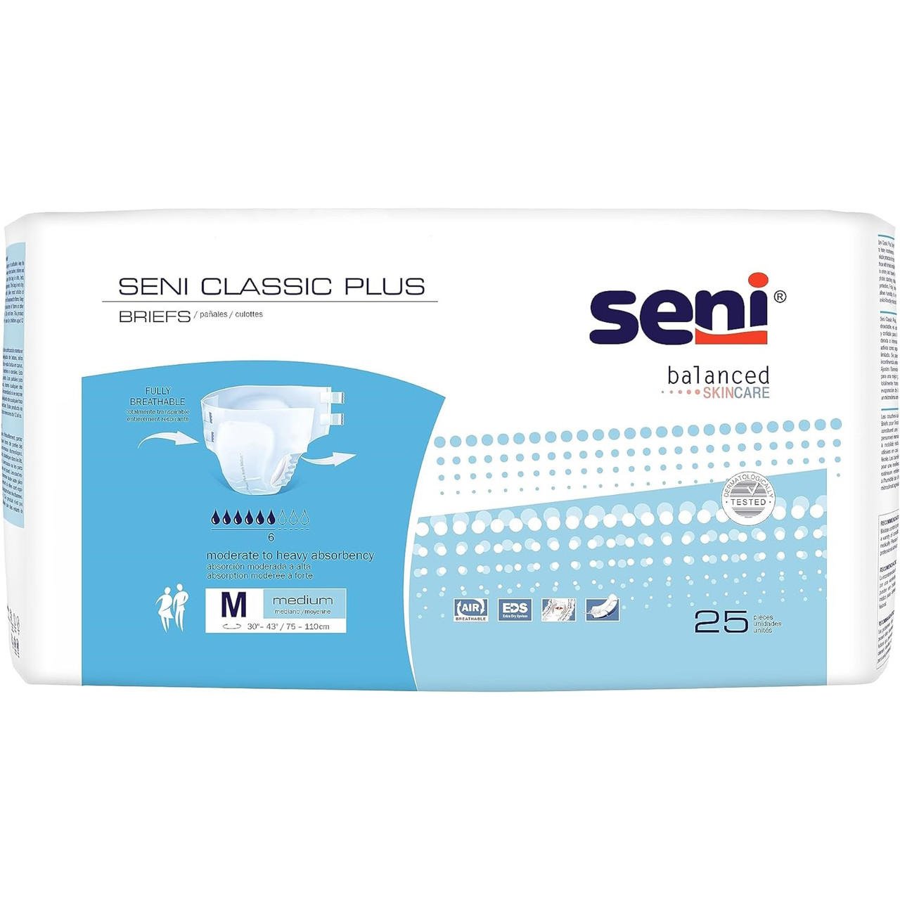 Seni Classic Plus adult briefs, M (30–43), 25-pack, white with blue tabs