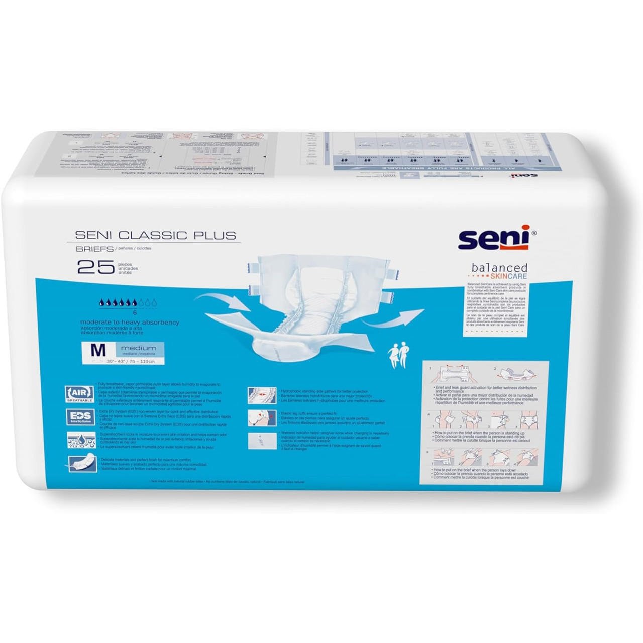 Seni Classic Plus briefs, M (30–43), 25-pack features panel on packaging