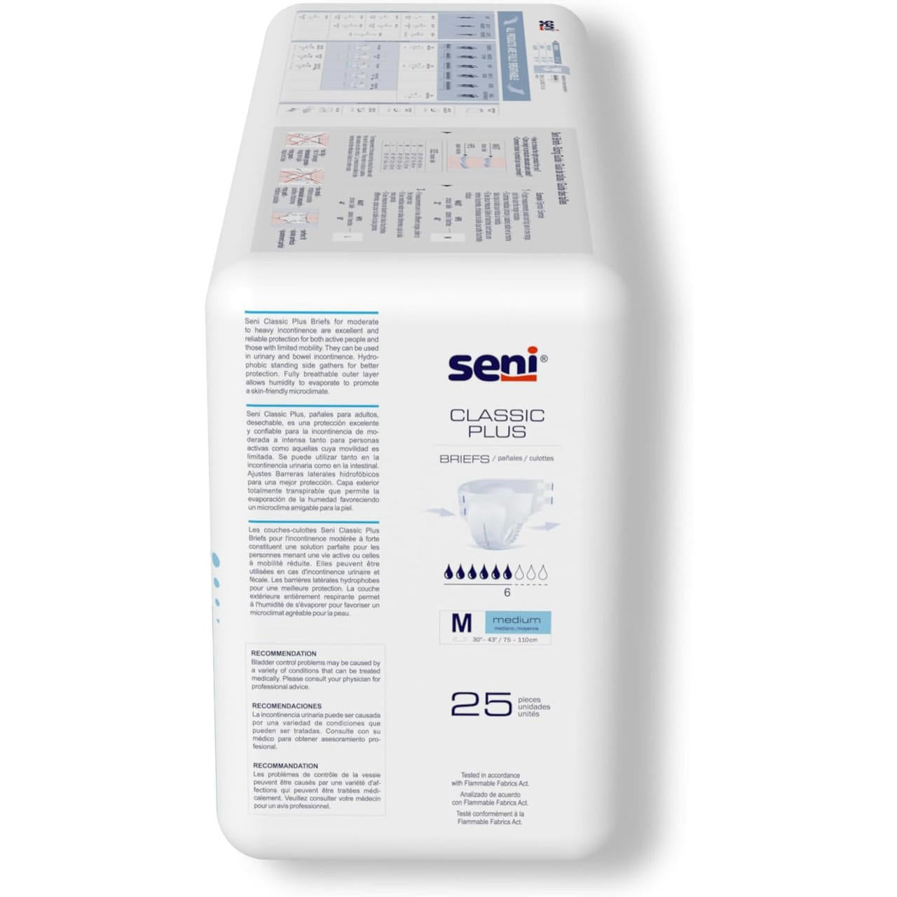 Seni Classic Plus adult briefs, back of M (30–43) 25-pack with care info