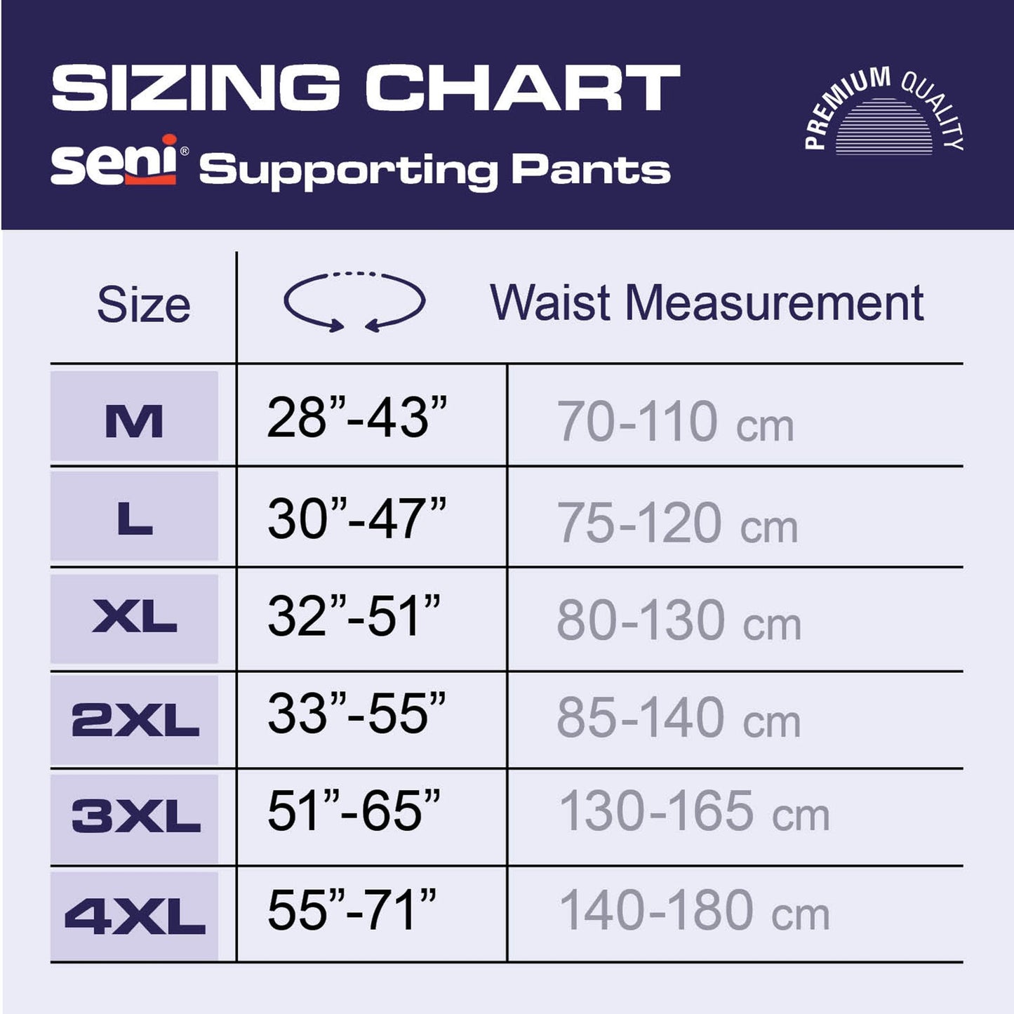 Supporting pants sizing chart with waist measurement table (M–4XL)