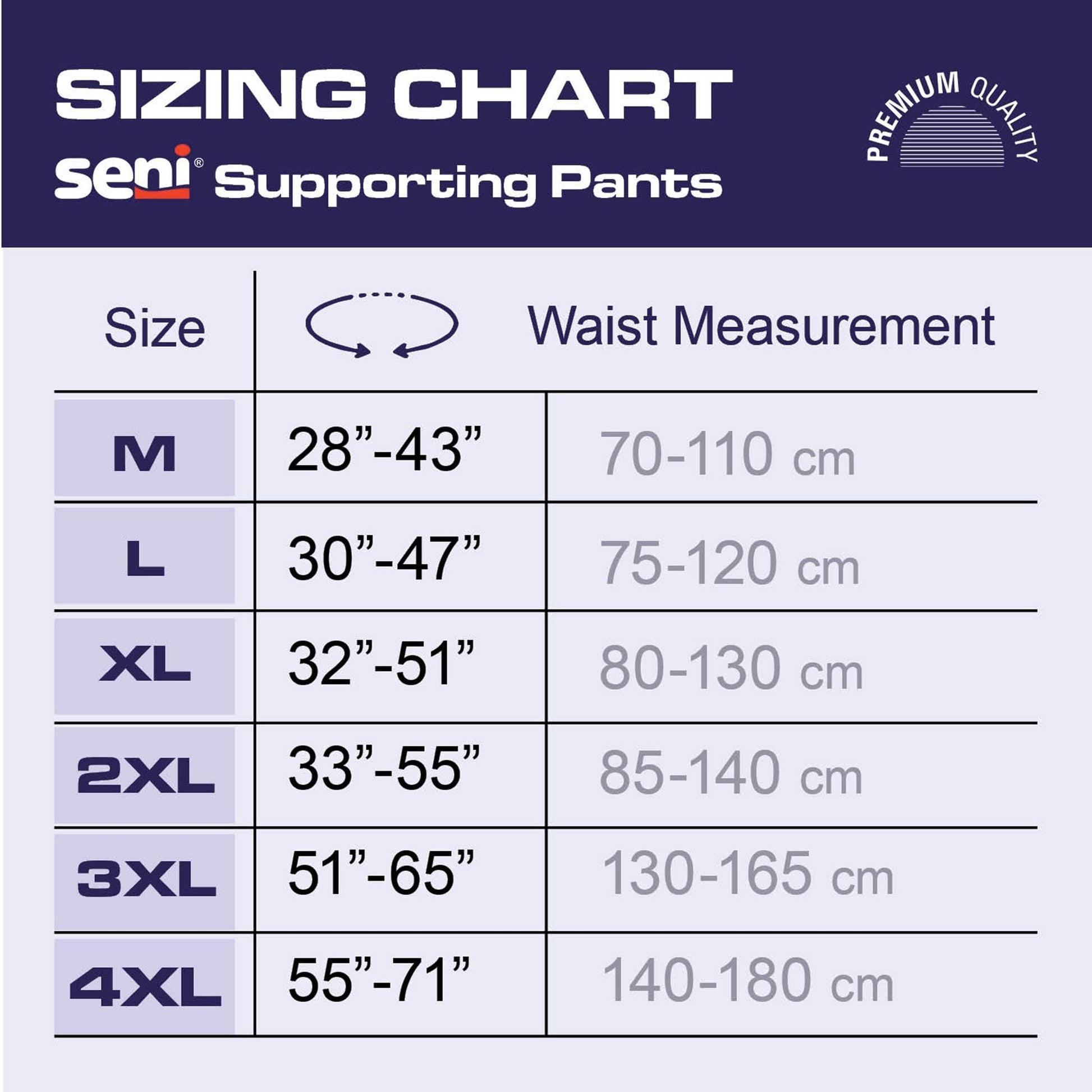 Supporting pants sizing chart with waist measurement table (M–4XL)