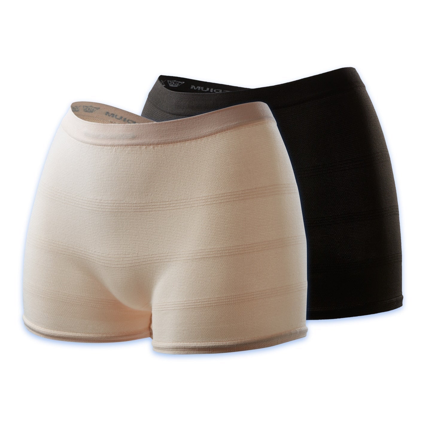 Reusable incontinence supporting pants, beige and black knit shorts