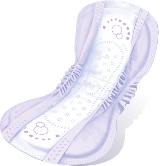 Regular incontinence pad with blue-bordered wings, absorbent core