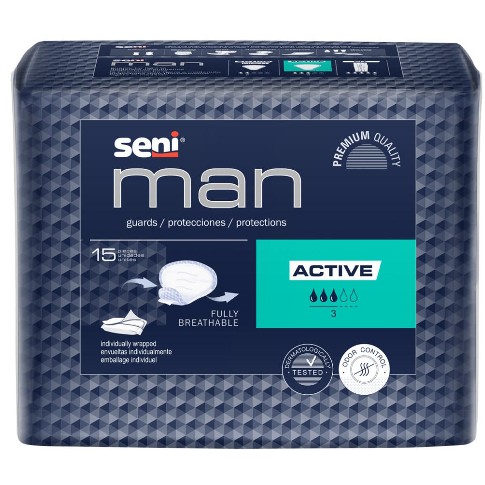 Seni Man Active guards box showing 15 breathable, individually wrapped protections