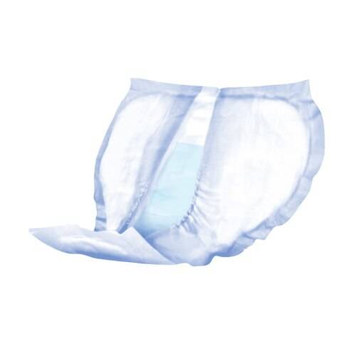 White male incontinence guard, folded shape with light blue patterned edges