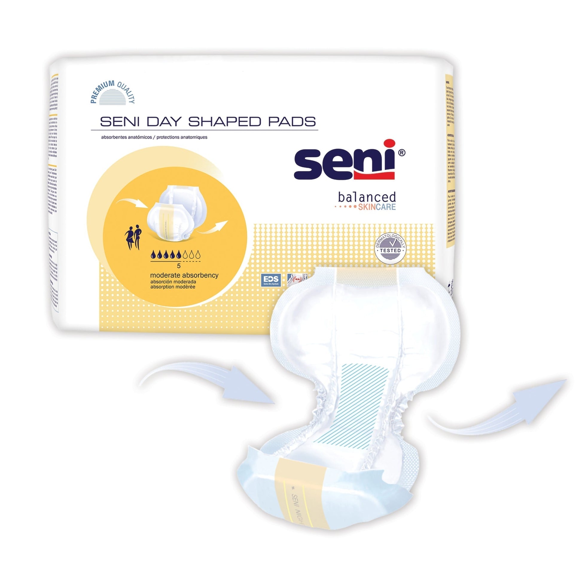 Seni Day Shaped Pads, front package with absorbent pad and arrows, 10-count