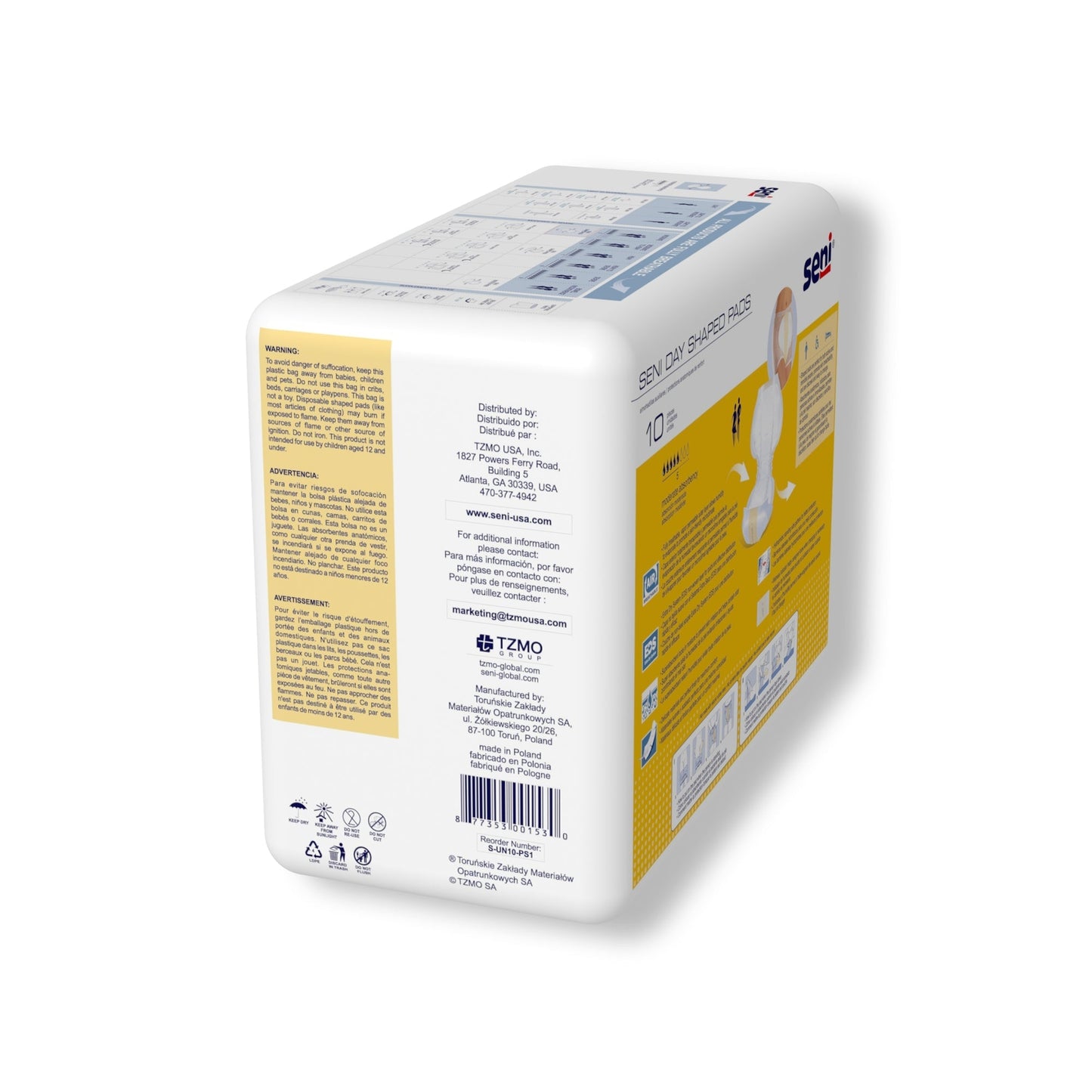Seni Day Shaped Pads package side with label info and 10 pieces