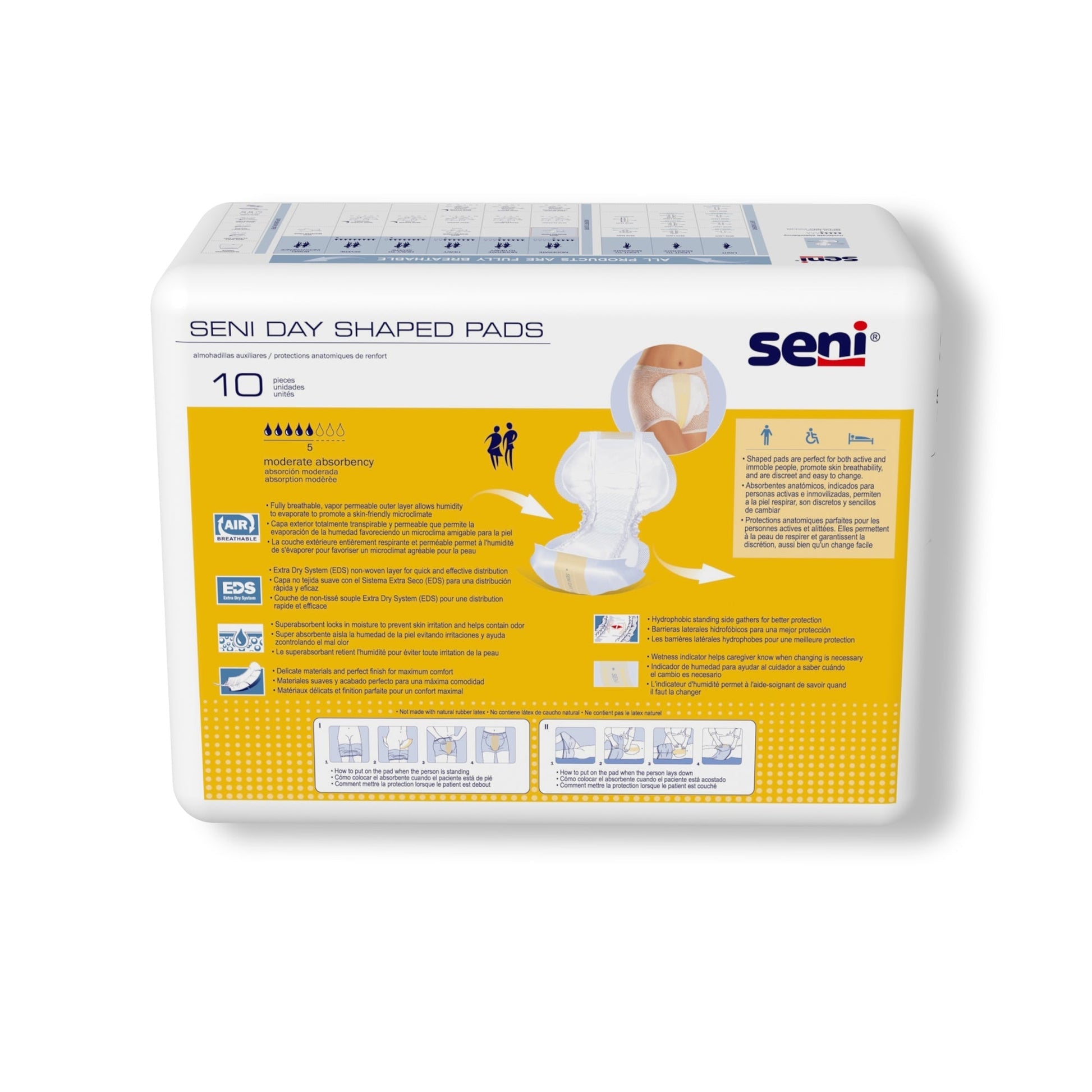 Seni Day Shaped Pads package back panel showing use icons and 10 pieces