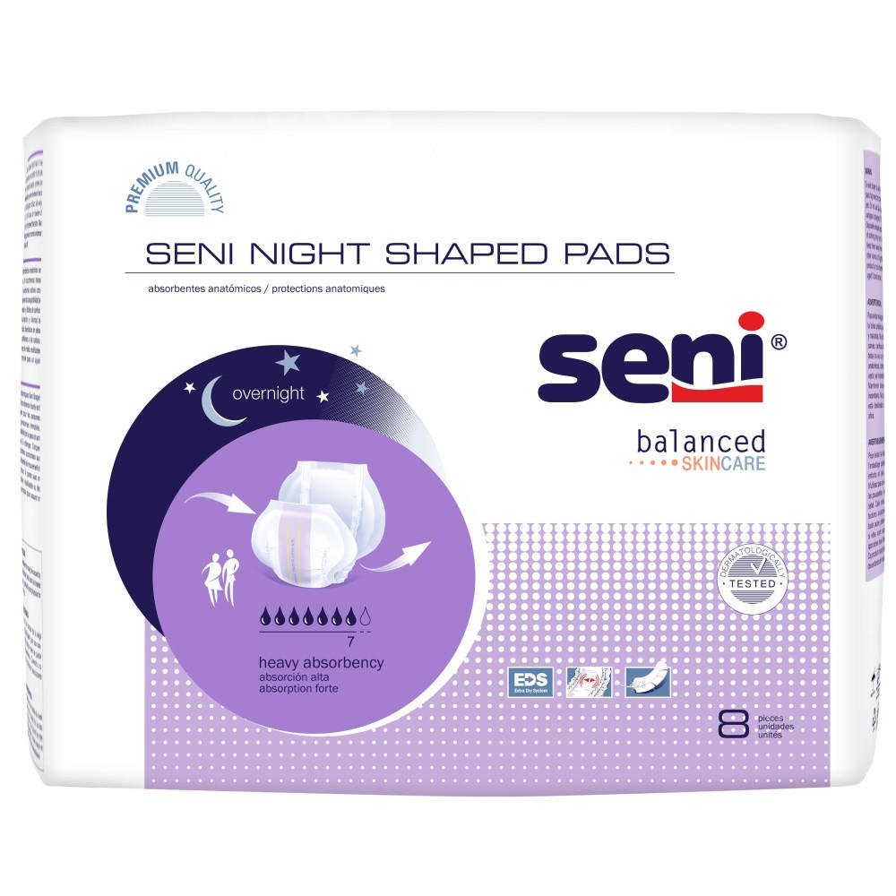 Seni night shaped pads, 8 pieces shown on white package