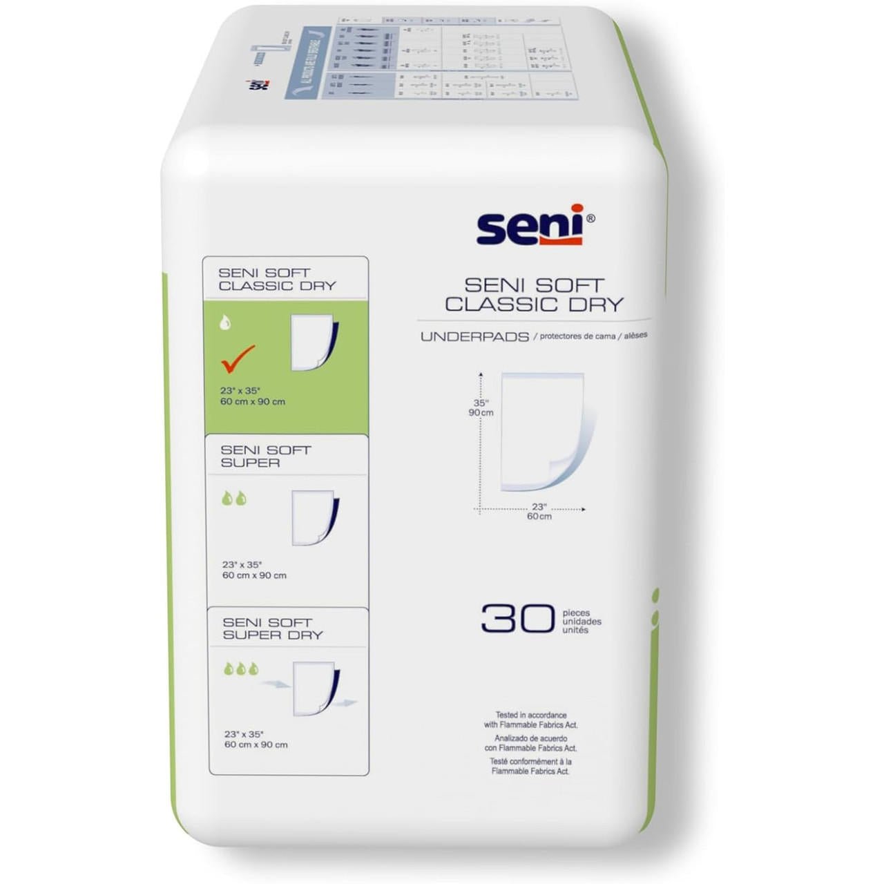 Seni Soft Classic Dry underpads 23 x 35 in, 30 pieces per pack (size diagram)