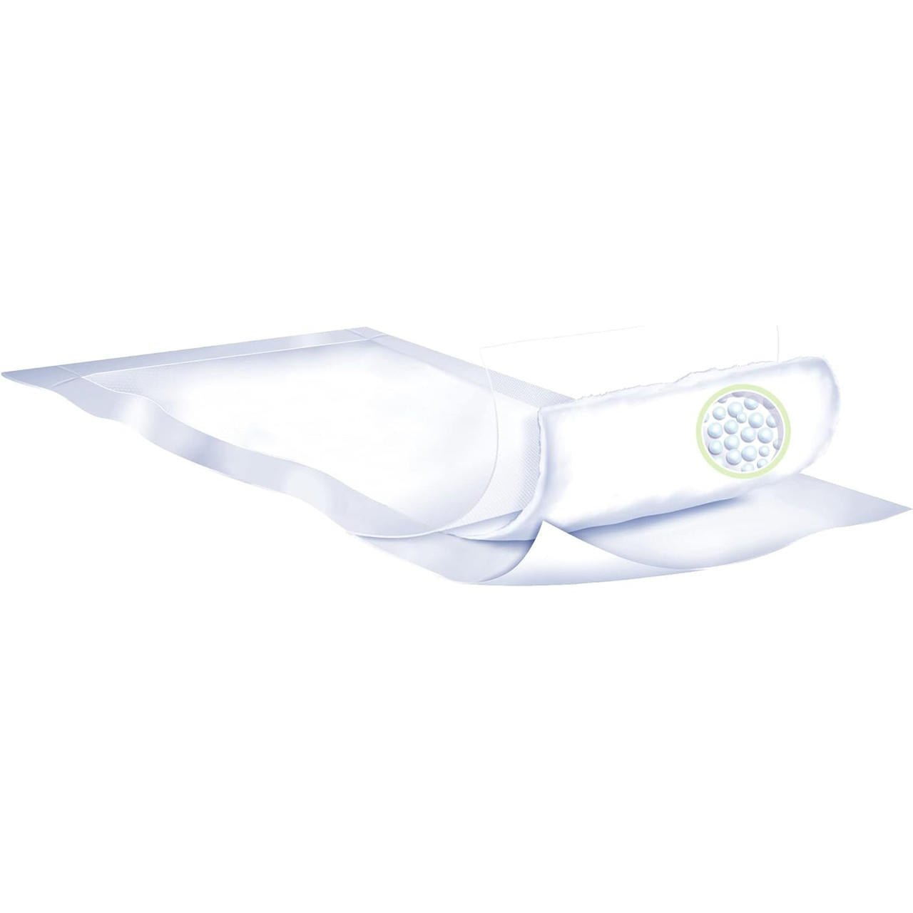 Folded dry underpad with dotted absorbent center and light blue edges; adult bed pad