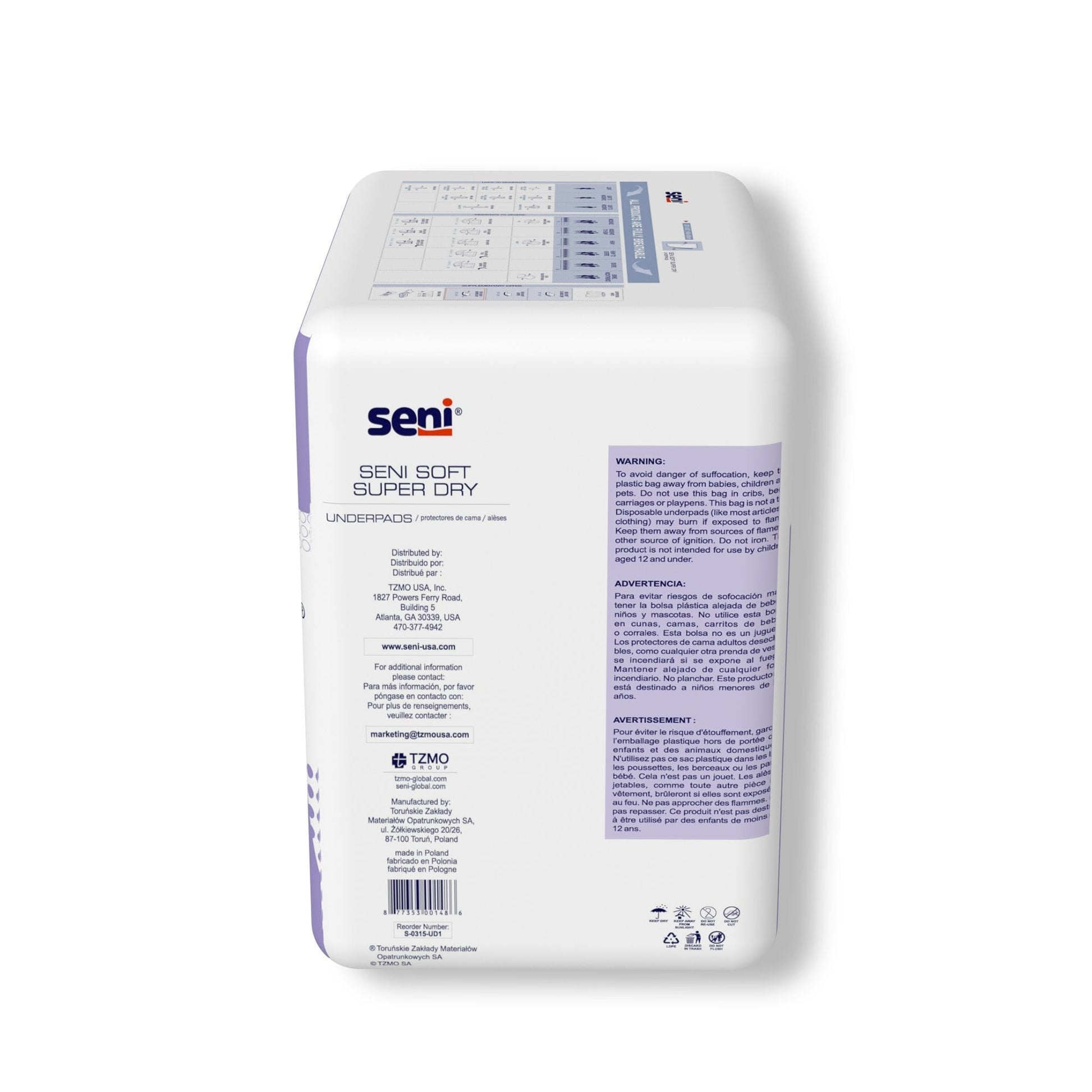 Rear view of Seni Soft Super Dry underpads box with regulatory and contact info