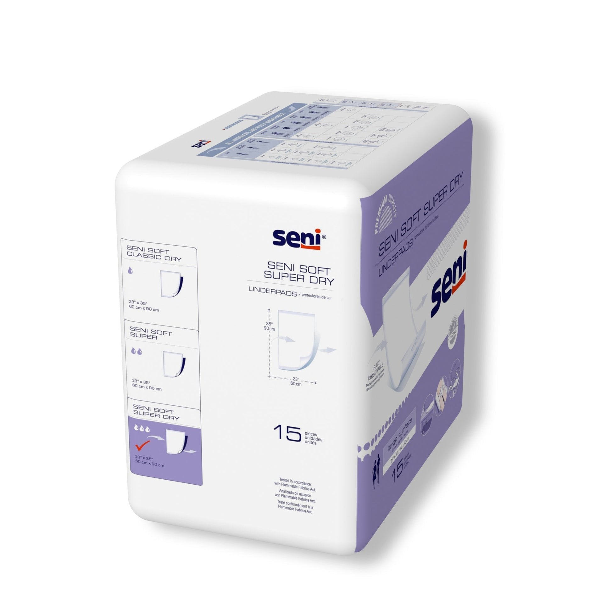 Side view of Seni Soft Super Dry underpads box, shows 15-count package