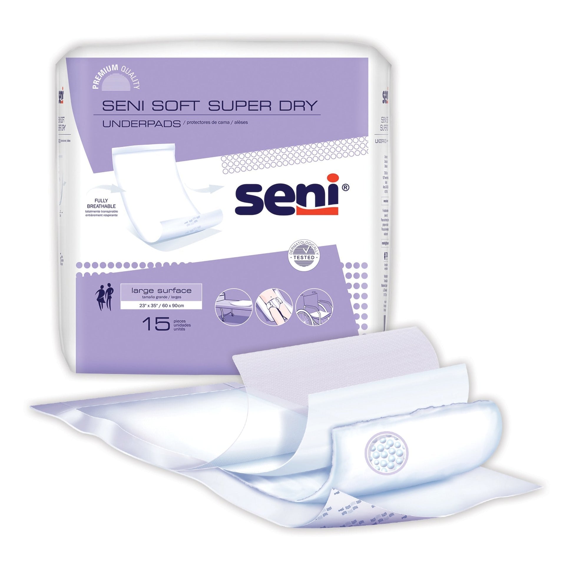 Underpads box Seni Soft Super Dry, large surface 23 x 35 in, 15 count