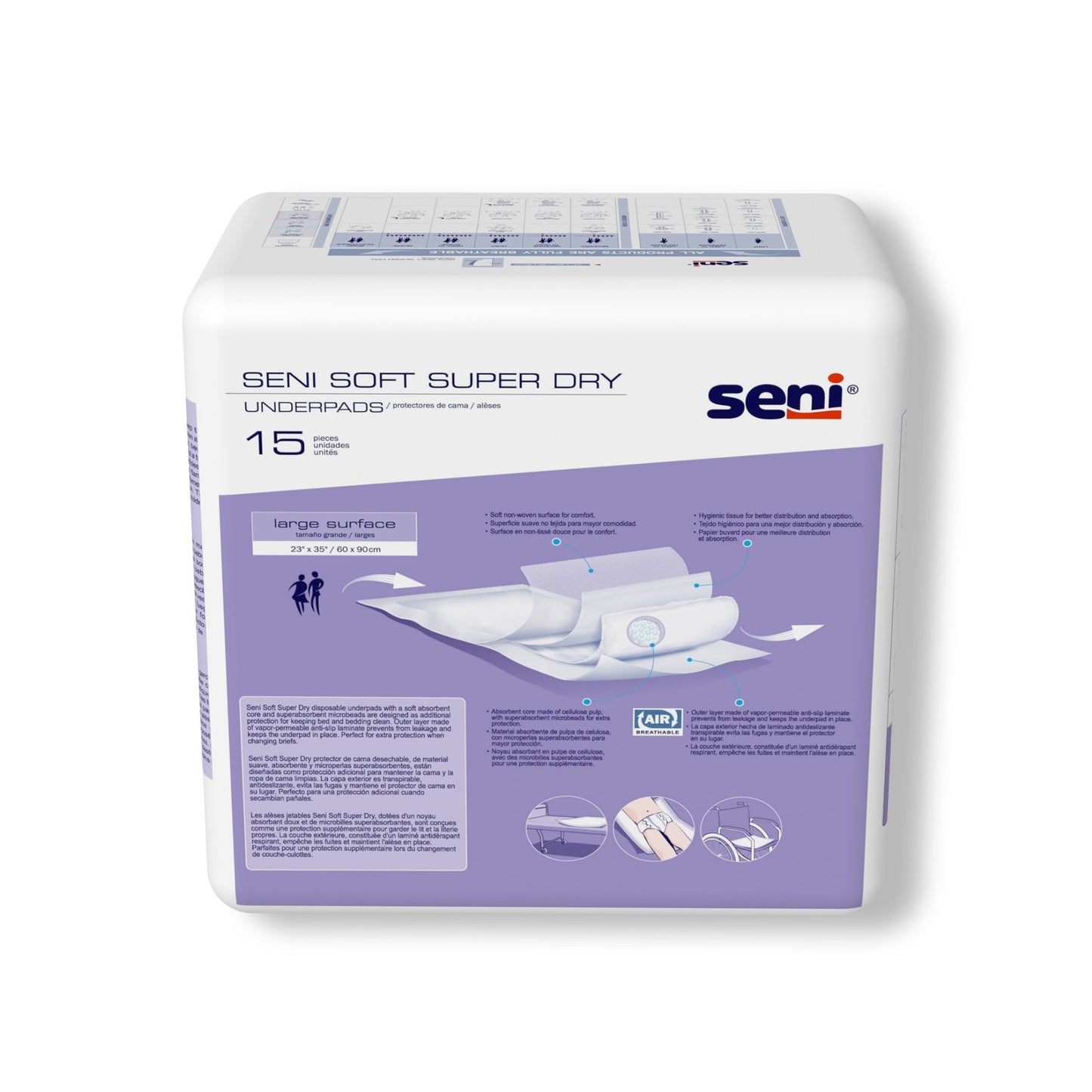 Back of Seni Soft Super Dry underpads box with product information panel