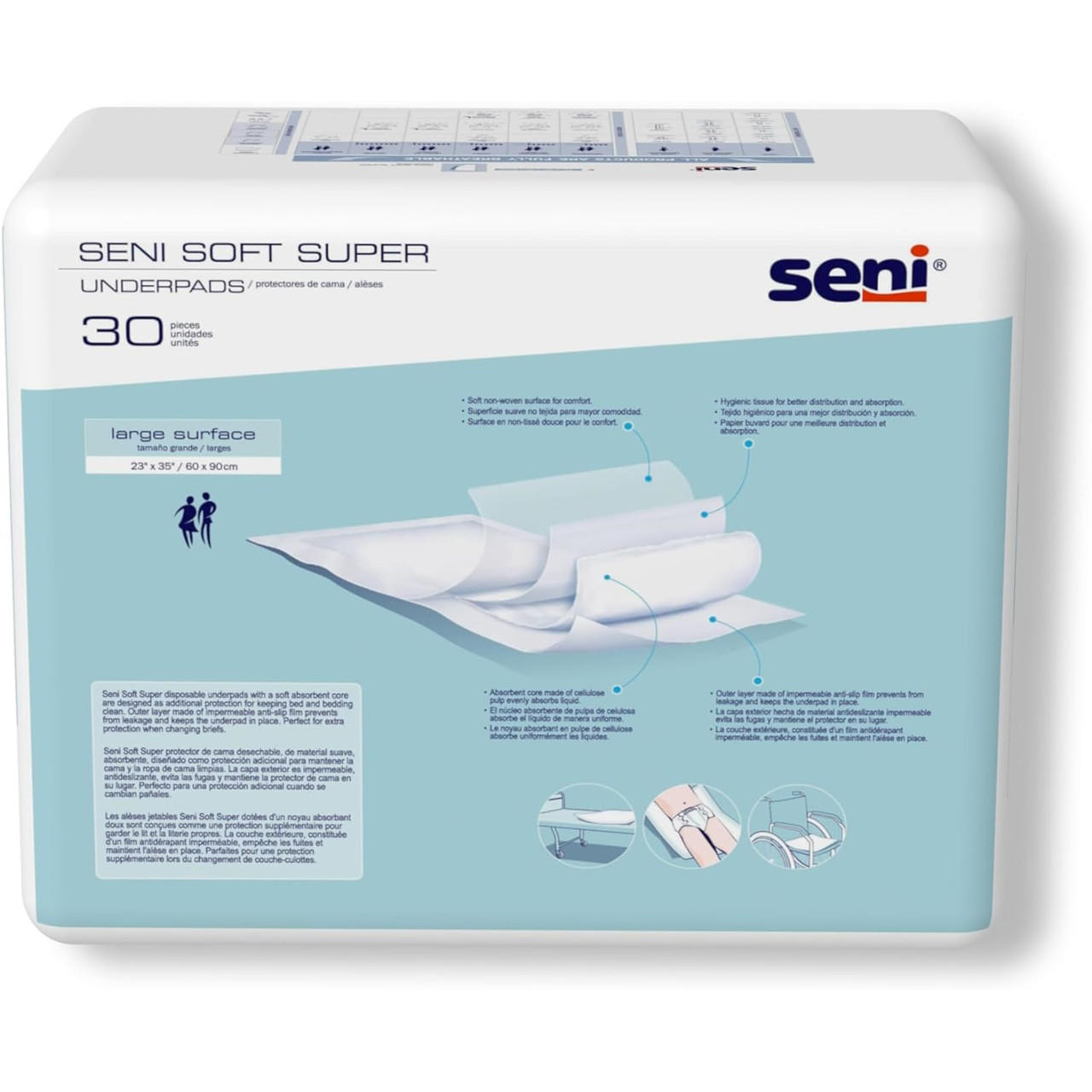 Seni Soft Super disposable underpads, 23 in x 35 in, 30-count pack—back panel