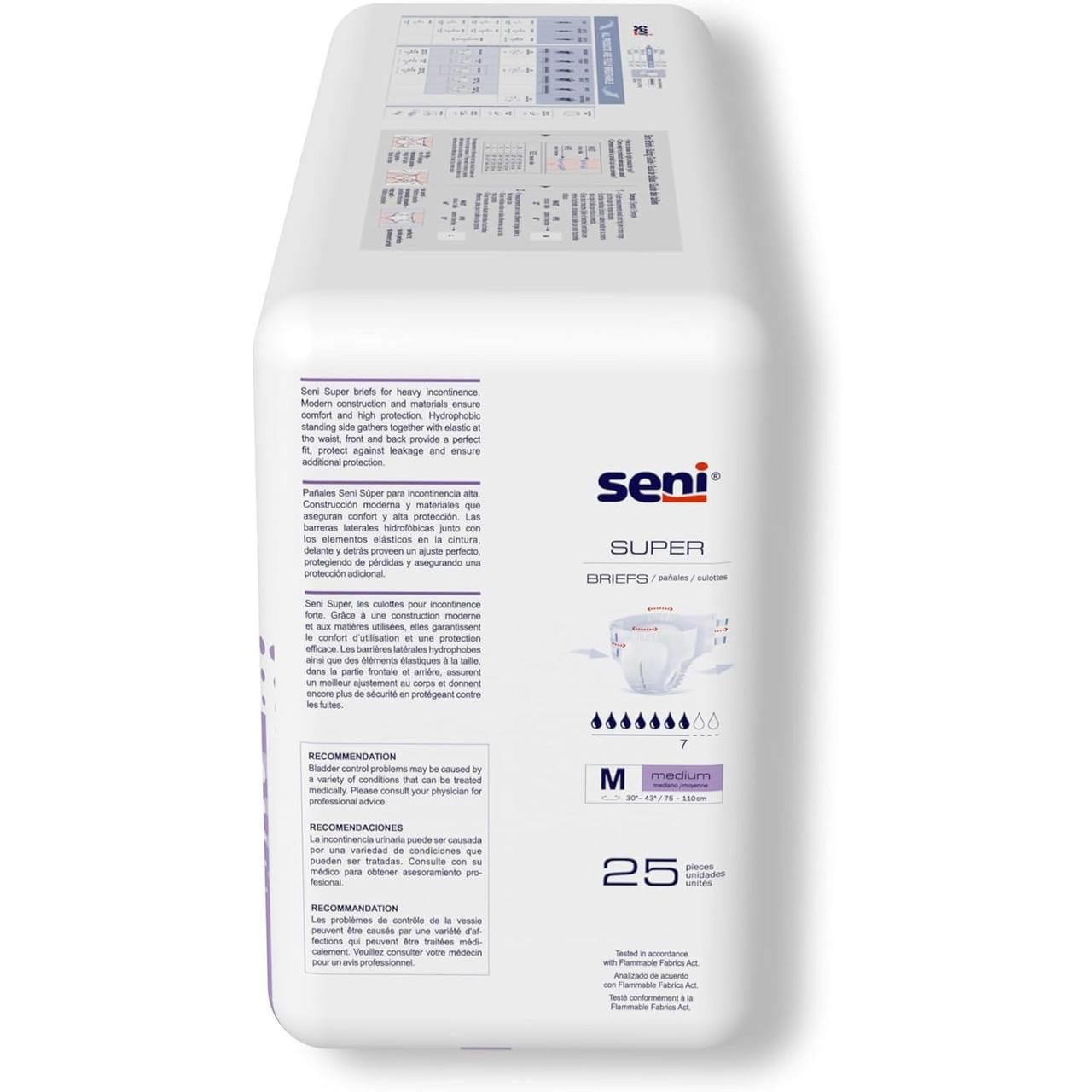 Seni Super briefs, size M, 25-pack, product info and size chart on back