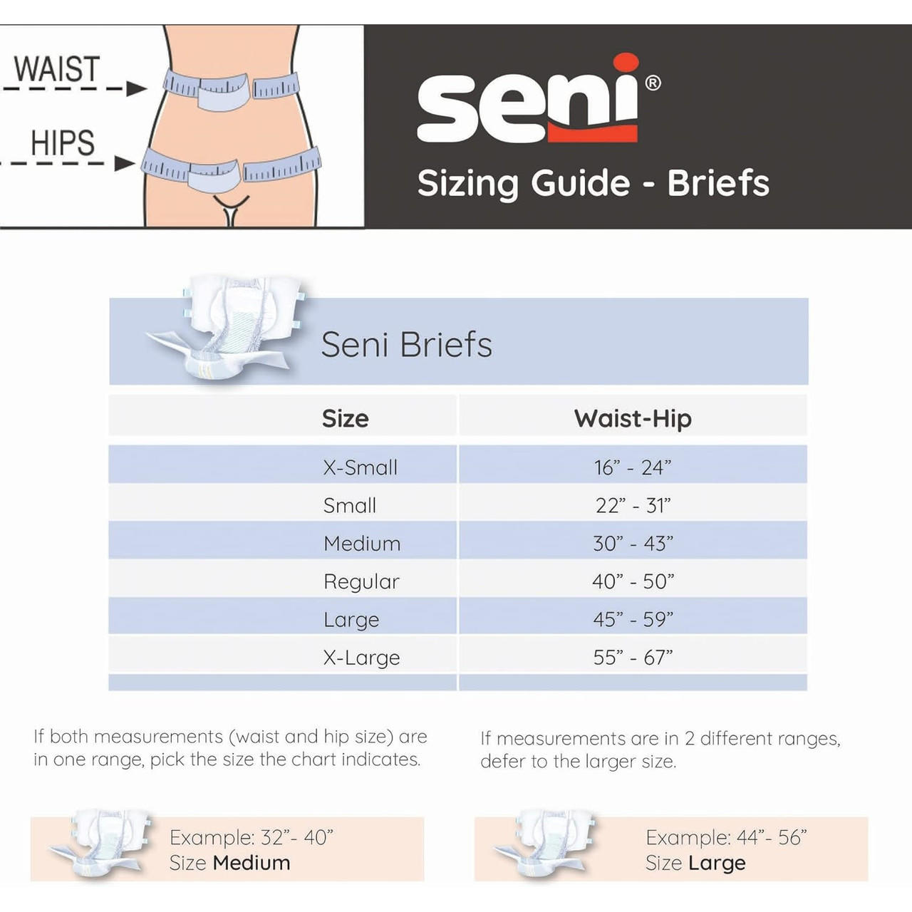 Sizing guide for Seni briefs: waist and hip ranges for XS to XL sizes