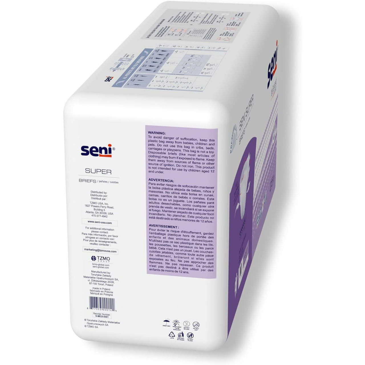 Seni Super briefs, size M, 25-pack, side view with warning text