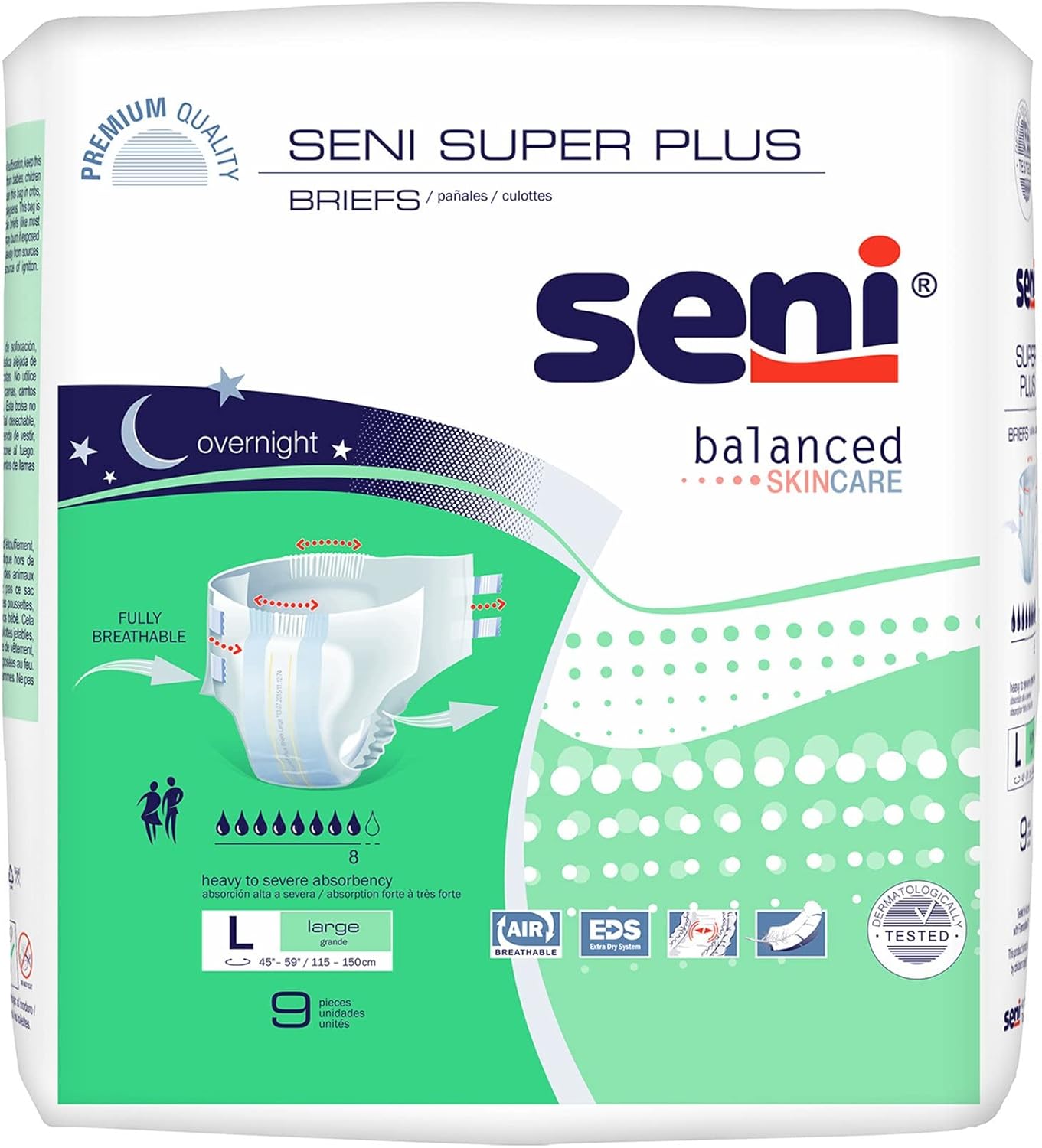 Adult briefs package, large size, 9 count, white and green design