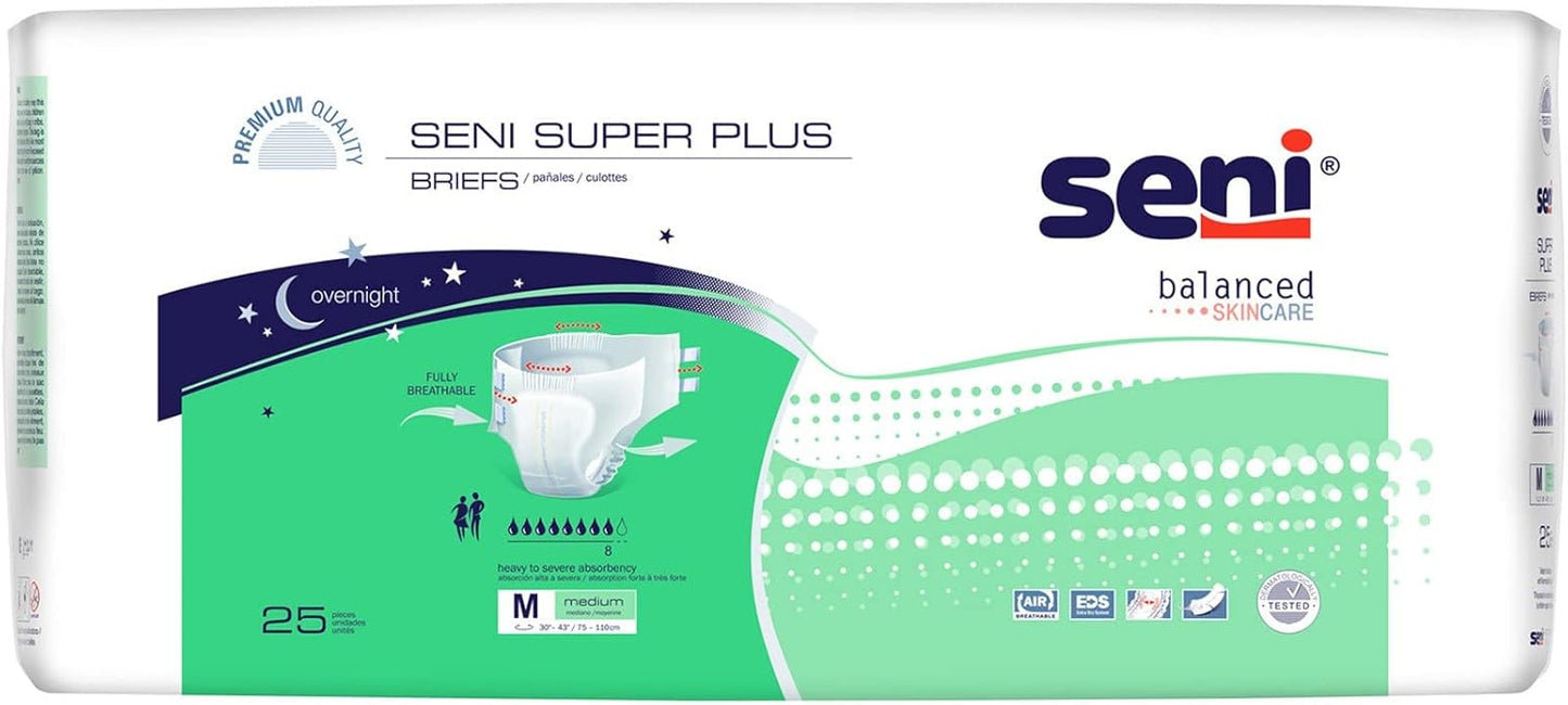 Adult briefs package, medium size, 25 count, white and green design