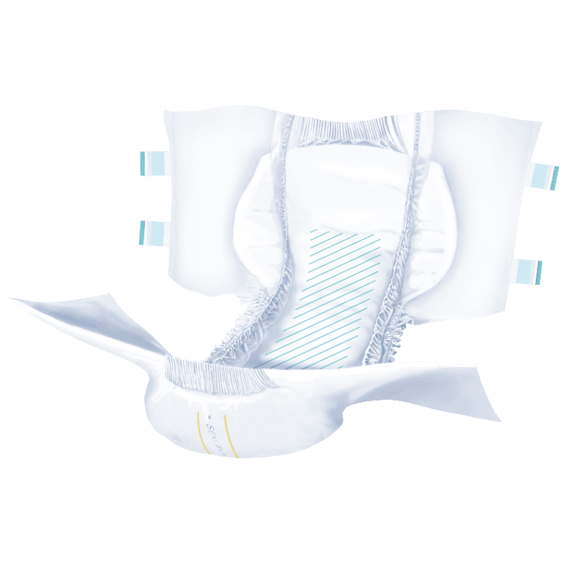 Folded adult briefs with reusable-style waistband tabs in white with blue stripes