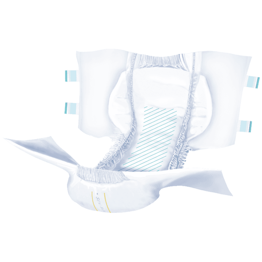 Folded adult briefs with reusable-style waistband tabs in white with blue stripes