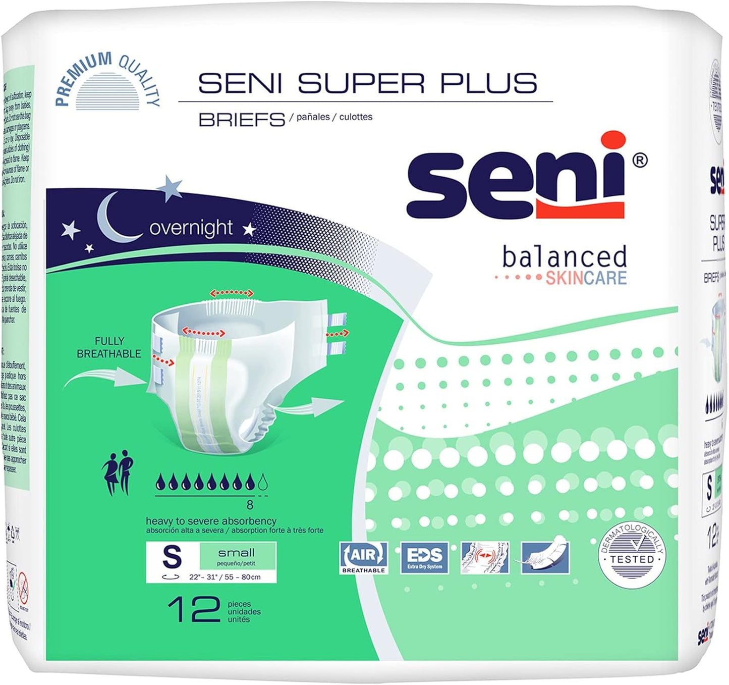 Adult briefs package, small size, 12 count, white and green design