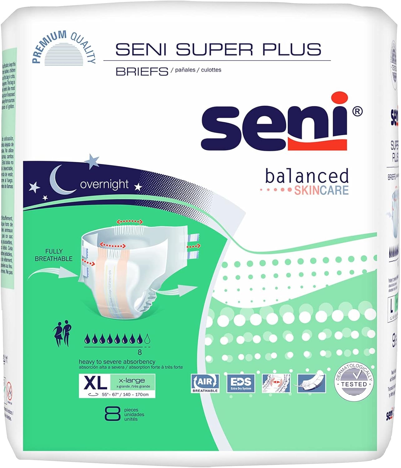 Seni Super Plus adult briefs, extra-large (XL) overnight, pack of 8