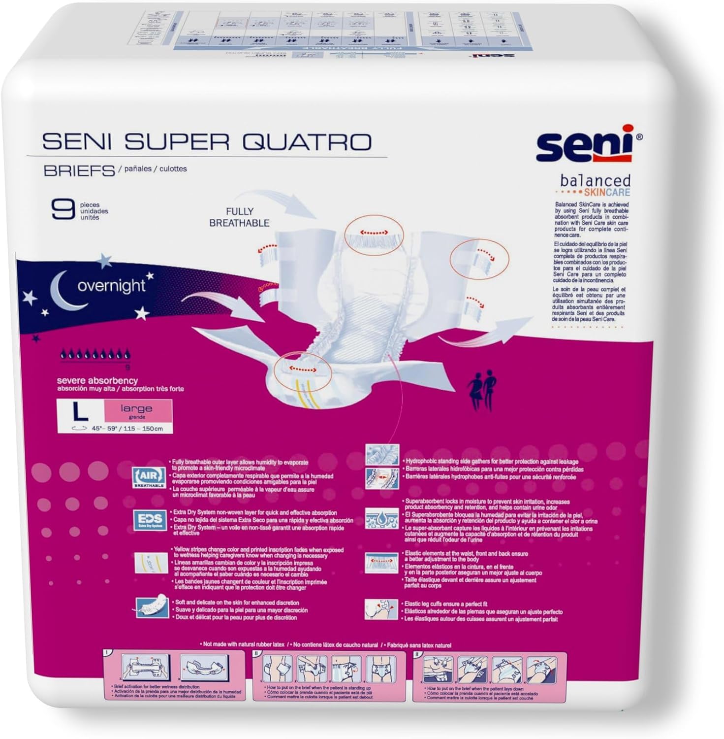 Seni Super Quatro briefs pack, size L large, overnight adult incontinence briefs, 9 pieces