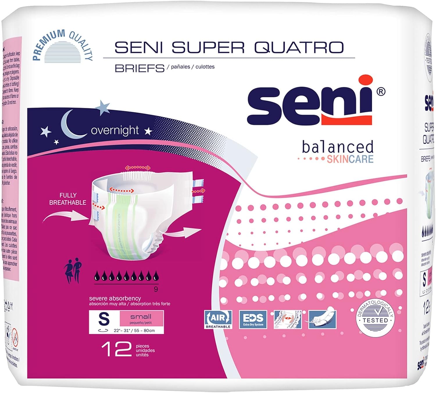 Seni Super Quatro adult briefs, size S small, 22–31 in, pack of 12