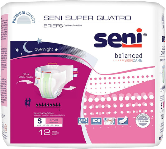 Seni Super Quatro adult briefs, size S small, 22–31 in, pack of 12