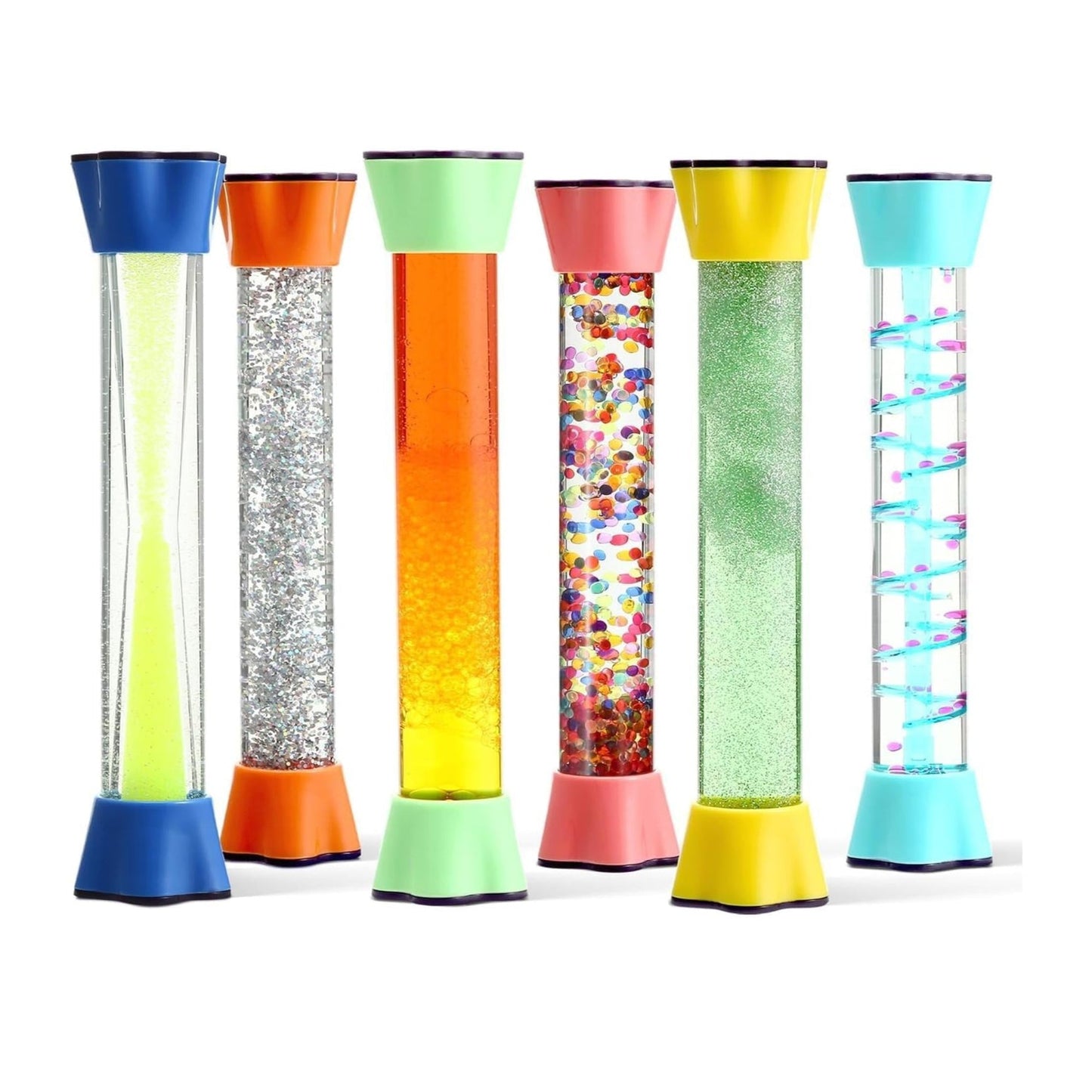 Set of 6 sensory motion hourglass tubes with colorful caps, glitter and liquid chambers