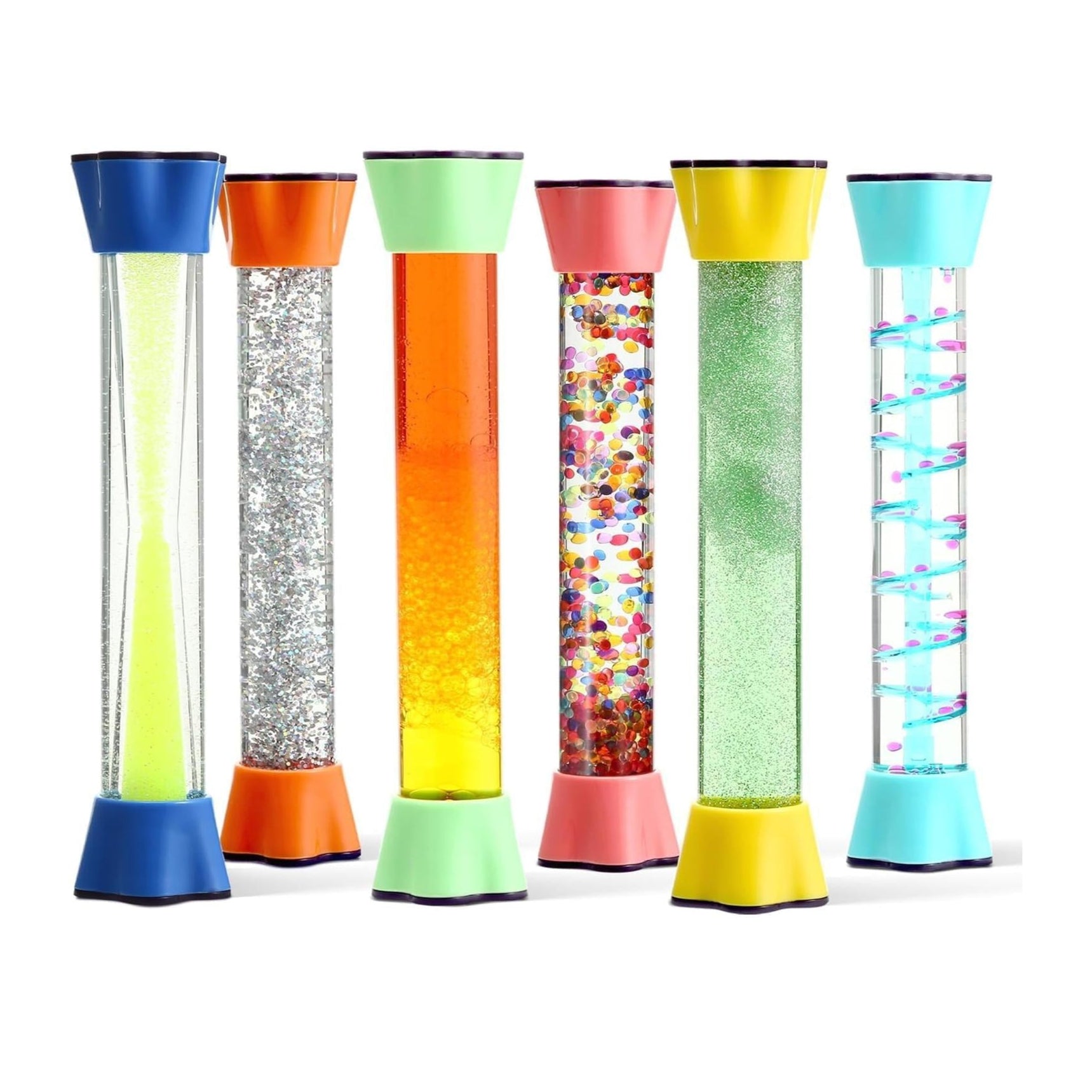 Set of 6 sensory motion hourglass tubes with colorful caps, glitter and liquid chambers