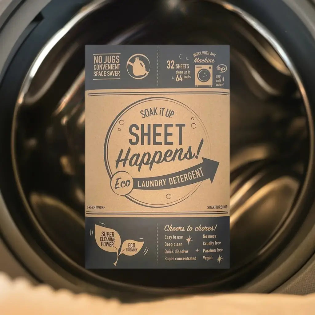 Laundry detergent sheet pouch front, kraft paper with black SOAK IT UP SHEET Happens