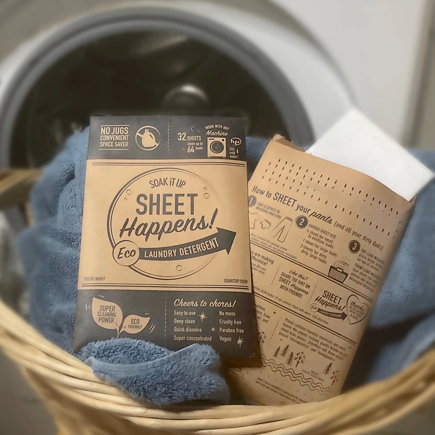 Laundry detergent sheet pouch, kraft paper with black label and recycling icons