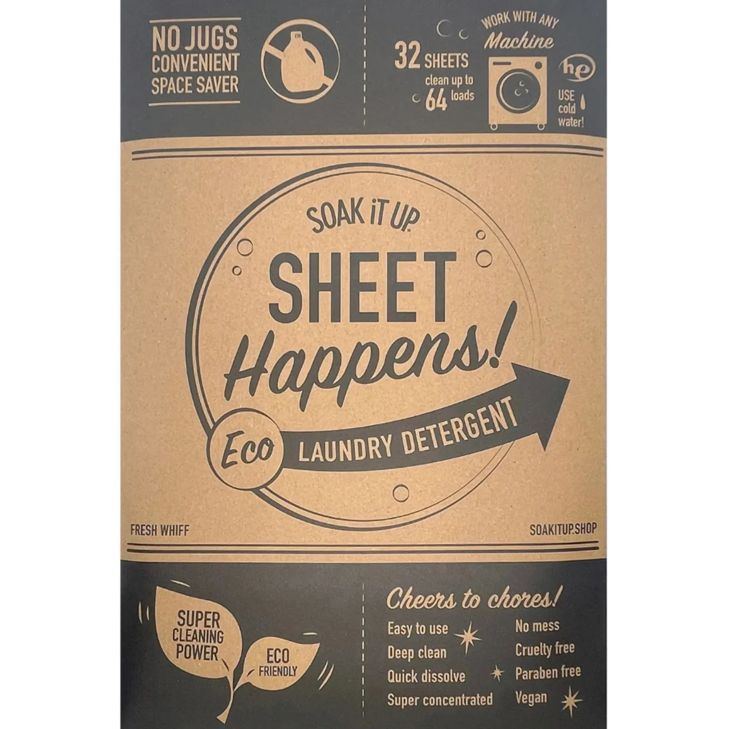 Laundry detergent sheet pouch close-up, black SOAK IT UP SHEET Happens label