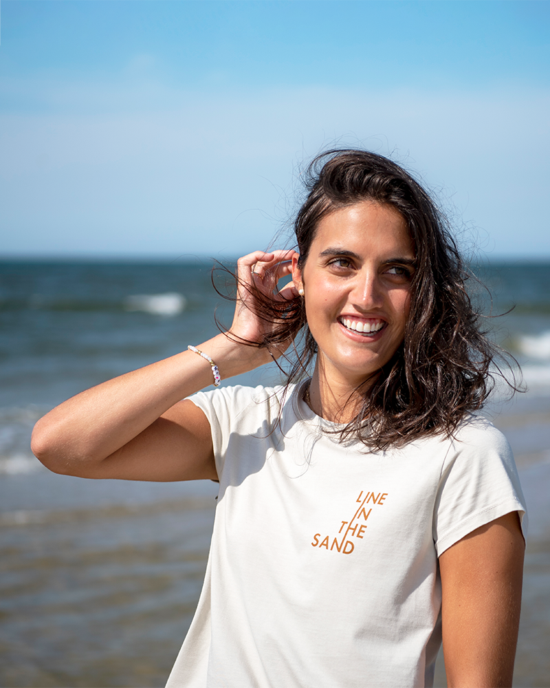 Sand crewneck T-shirt with Line in the Sand whale graphic front