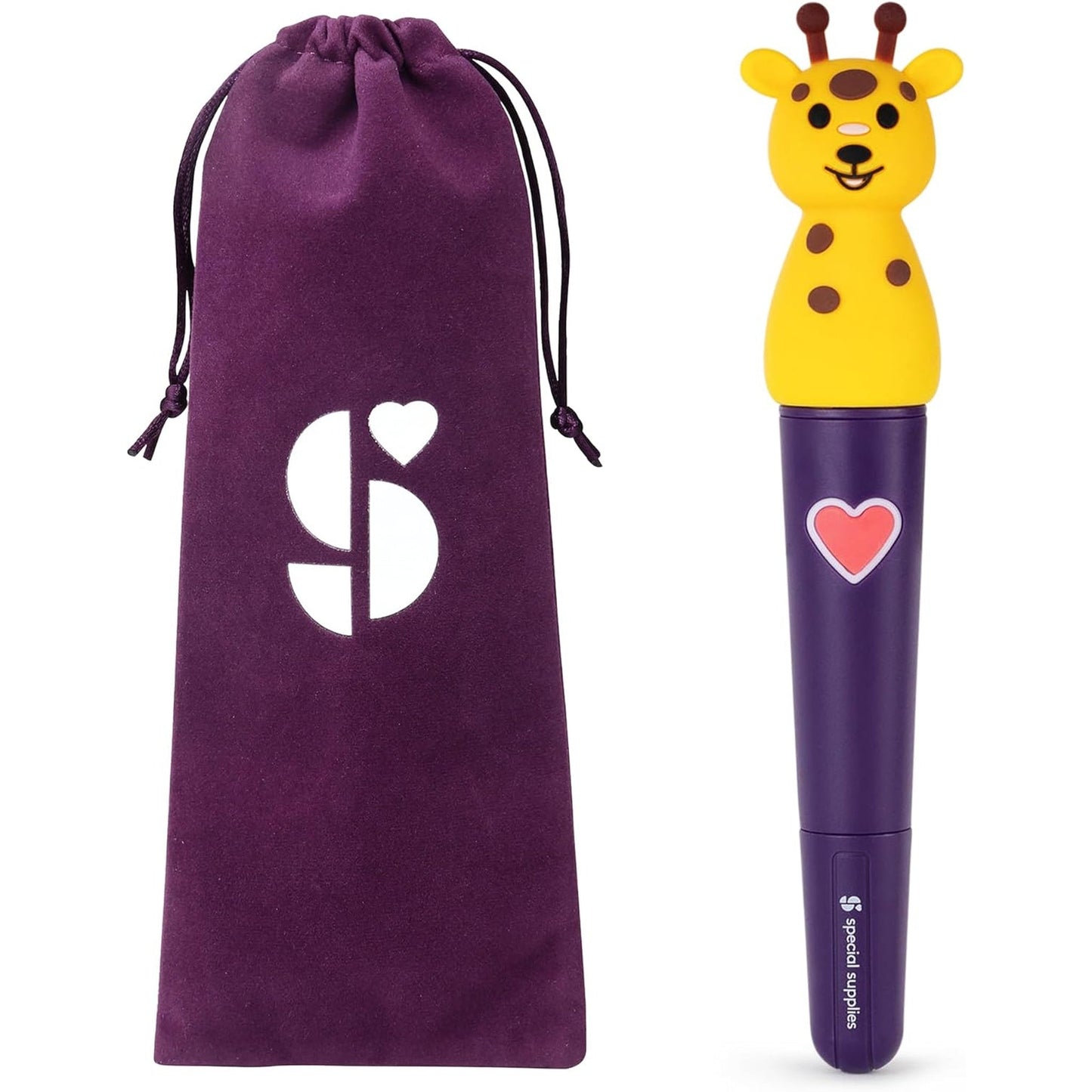 Oral motor stimulation kit with purple drawstring pouch and giraffe-headed vibrating tool