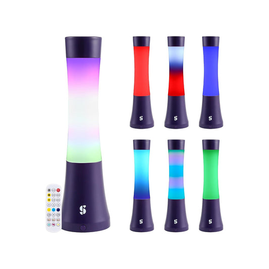 Color-changing lava lamp with purple and multicolor LED glow, dark base, and remote control.