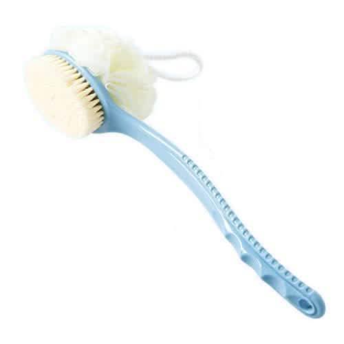 Blue bottle brush with beige bristles on a white background