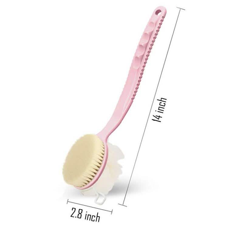 Pink and beige scrubbing brush with measurements on a white background