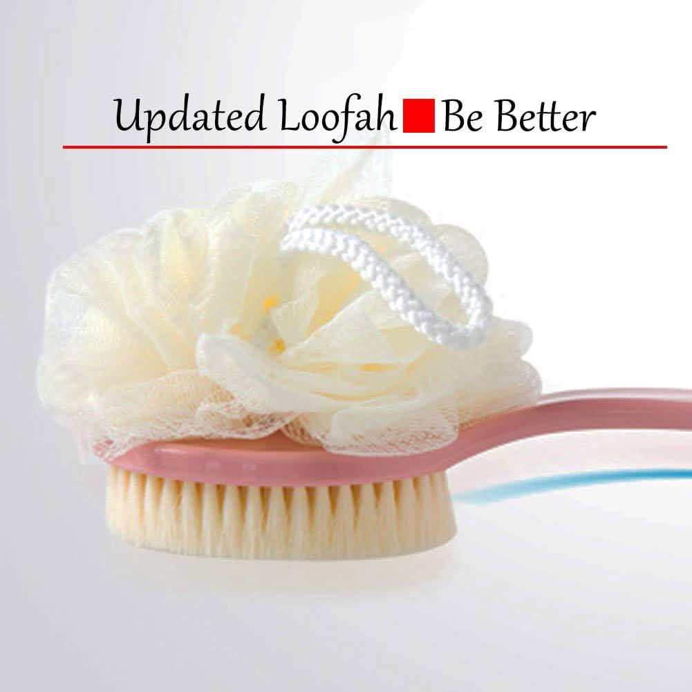 Loofah scrubber with pink handle on a white background, featuring text 'Updated Loofah Be Better'.