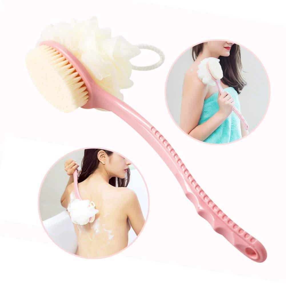Pink bath brush with a scrubber head, shown with a person using it in inset images.
