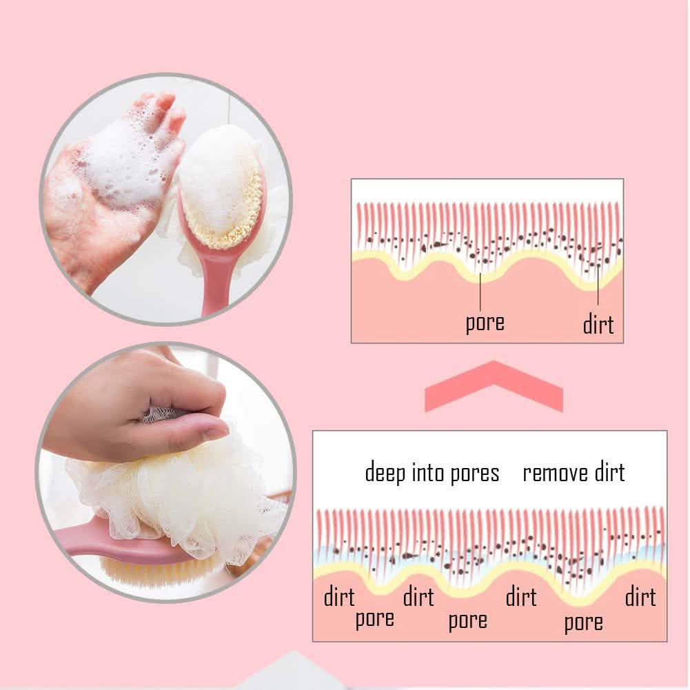 Cosmetic scrubber with close-up shots and diagram on a pink background
