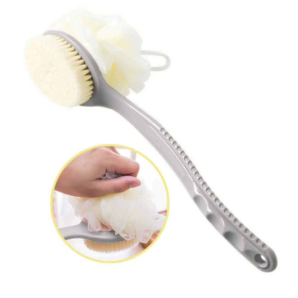 Metal scrubber with handle and luffa sponge on a white background